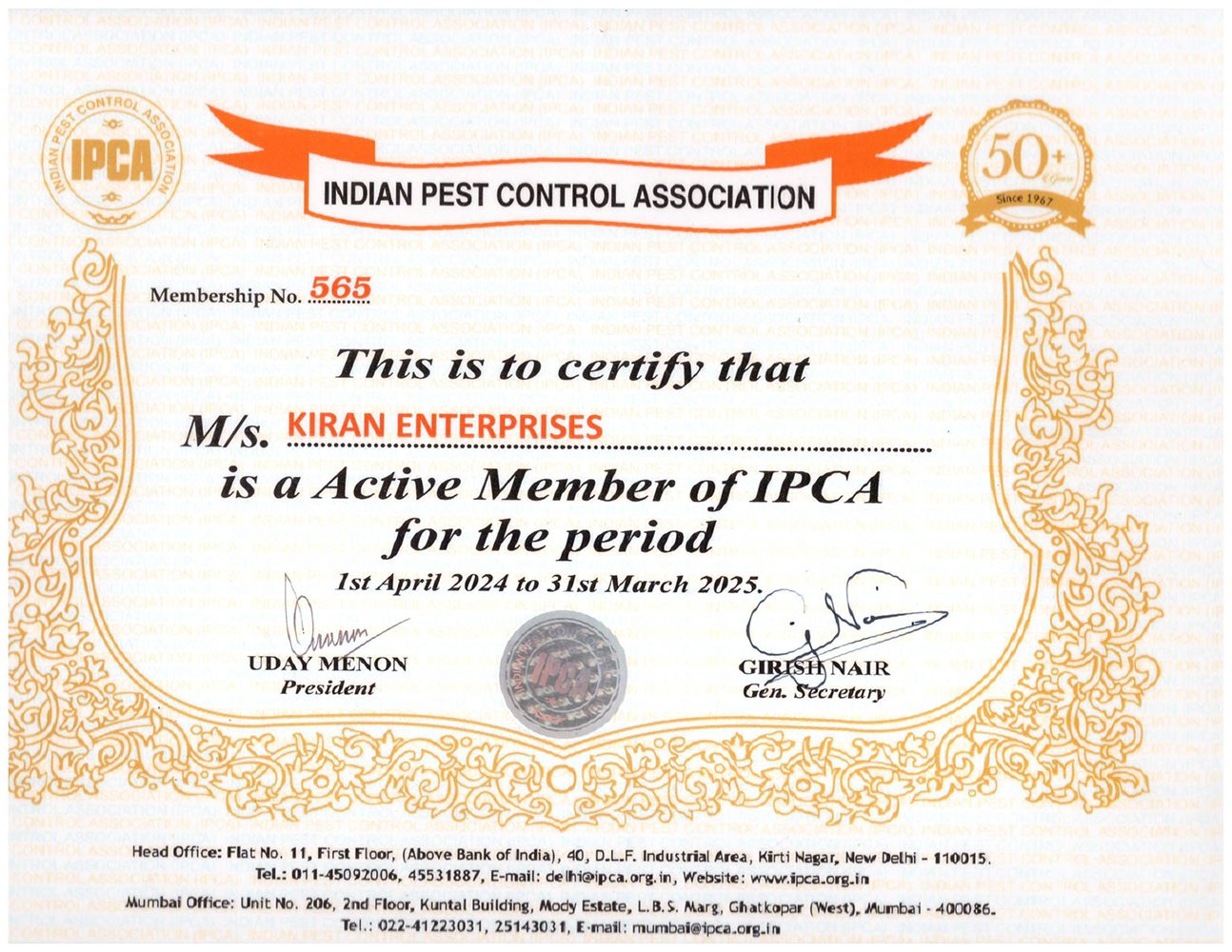 Member of Indian Pest Control Association