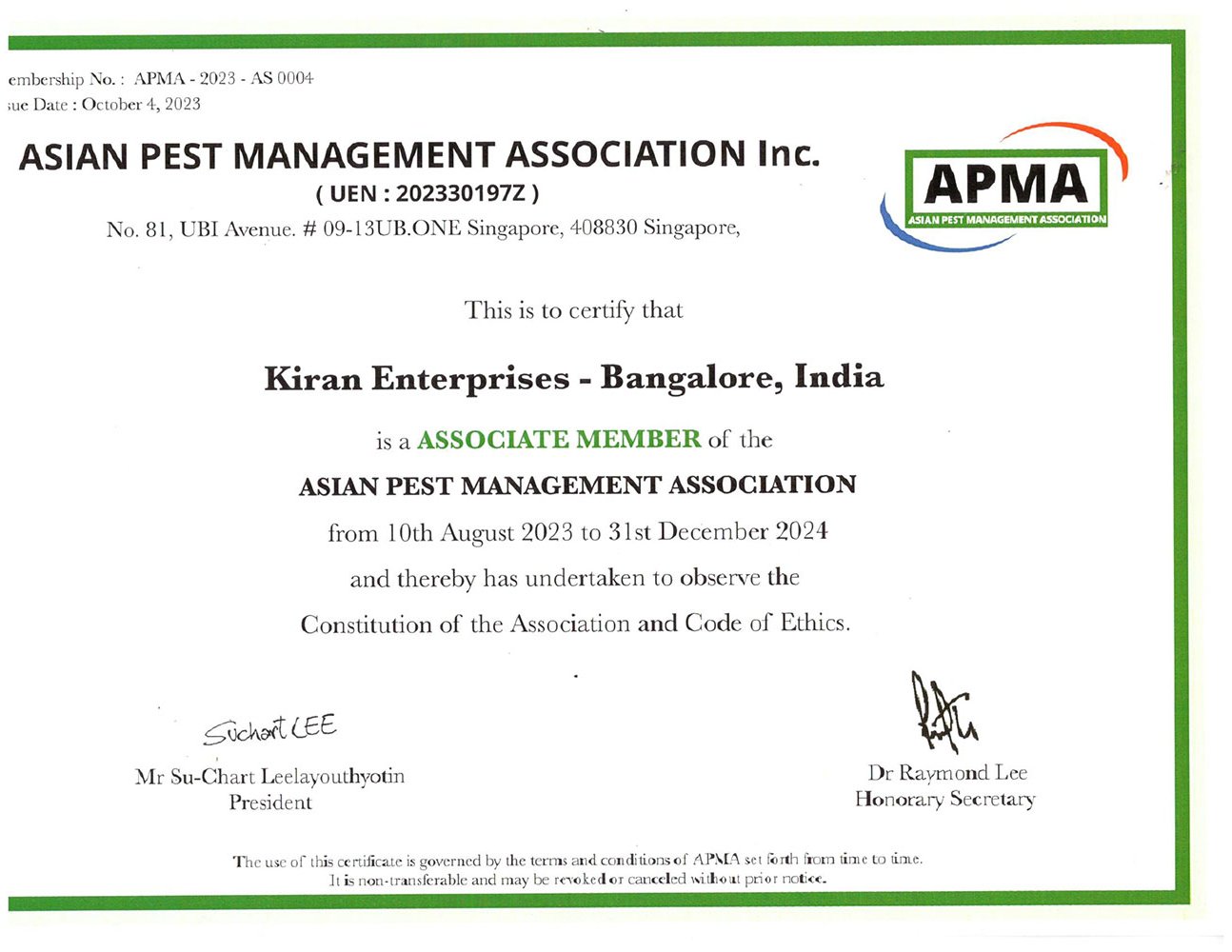Associate Member of the Asian Pest Management Association Inc.