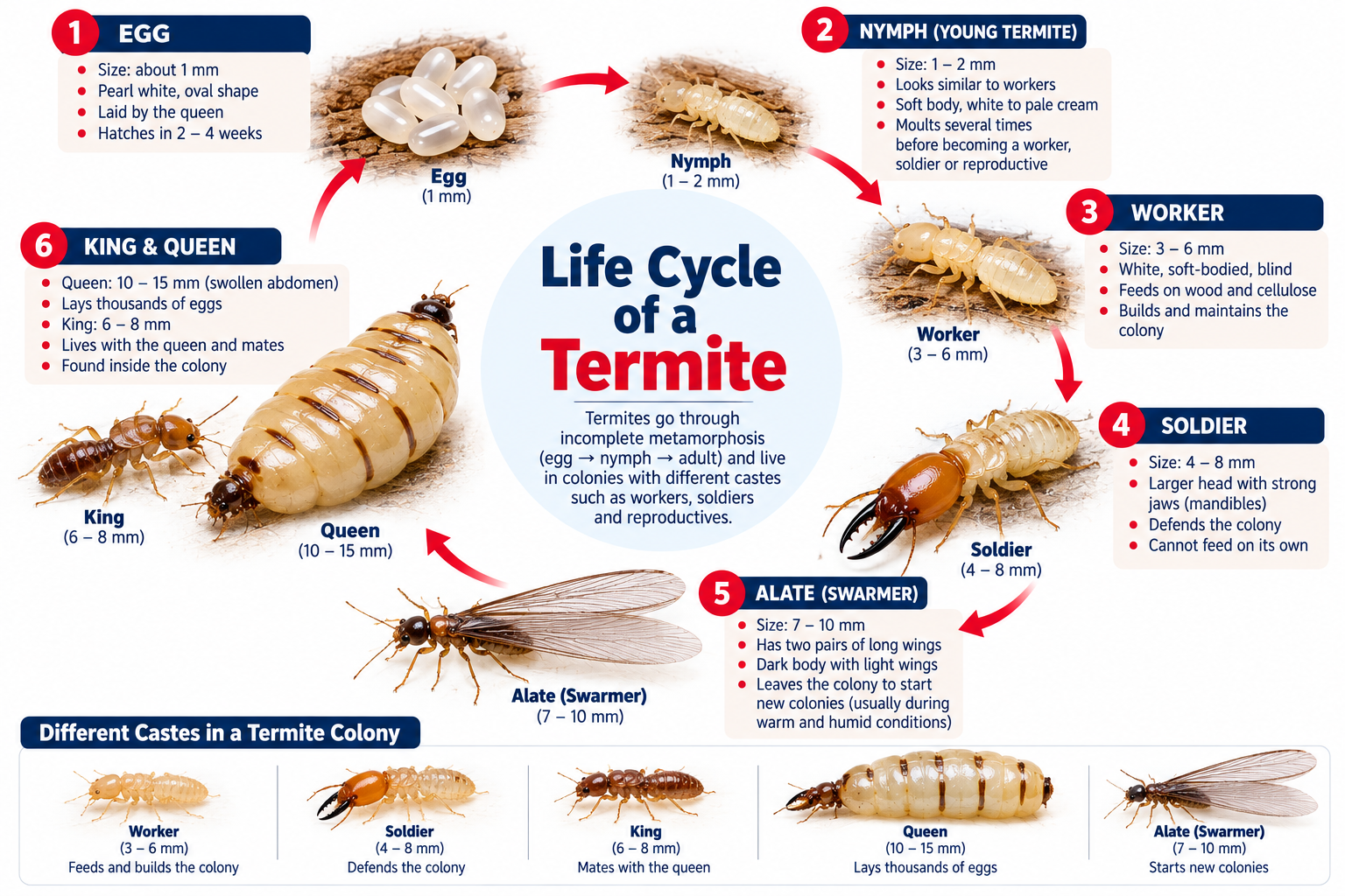 Termite life-cycle diagram showing egg, nymph, worker, soldier, alate, king and queen castes